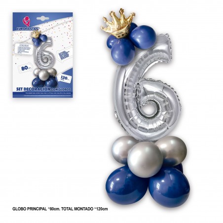 Conjunto de globo de foil coroa 80cm 6 prata azul