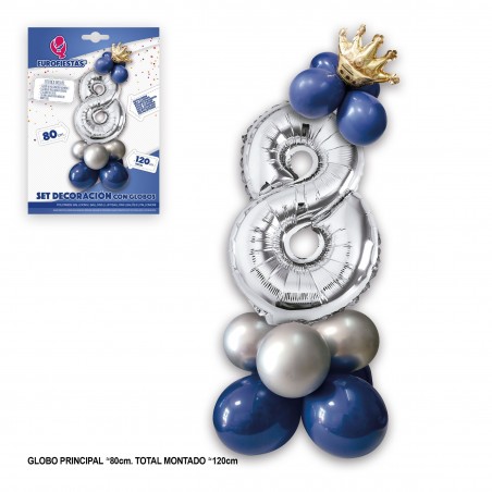 Conjunto de globo foil corona 80cm 8 prata azul
