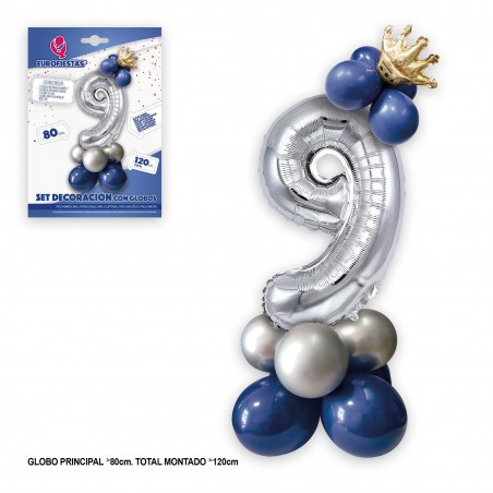 Conjunto de balões de coroa em folha 80cm 9 prata azul