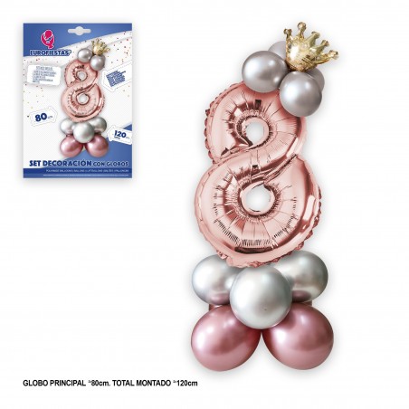 Conjunto de globo foil corona 80cm 8 prata rosa