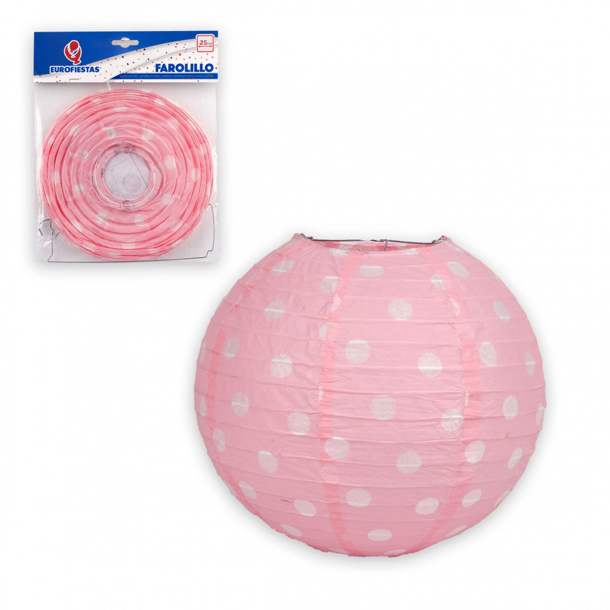Lanterna redonda 25cm com bolinhas rosas.