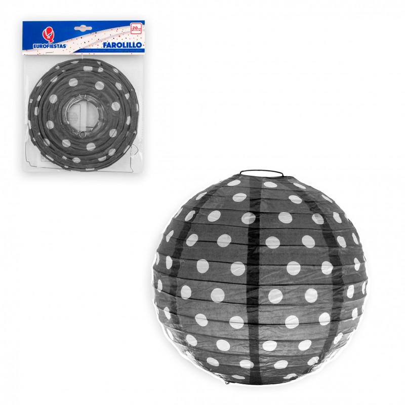 Lanterna redonda 20cm com bolinhas pretas.