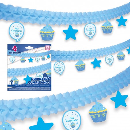 Guirlanda de papel feliz aniversário celeste
