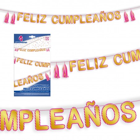 Guirlanda feliz aniversário ouro borda rosa