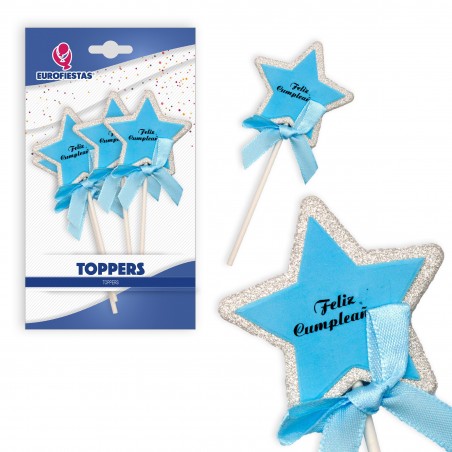 Feliz aniversário estrela topper borda prata azul