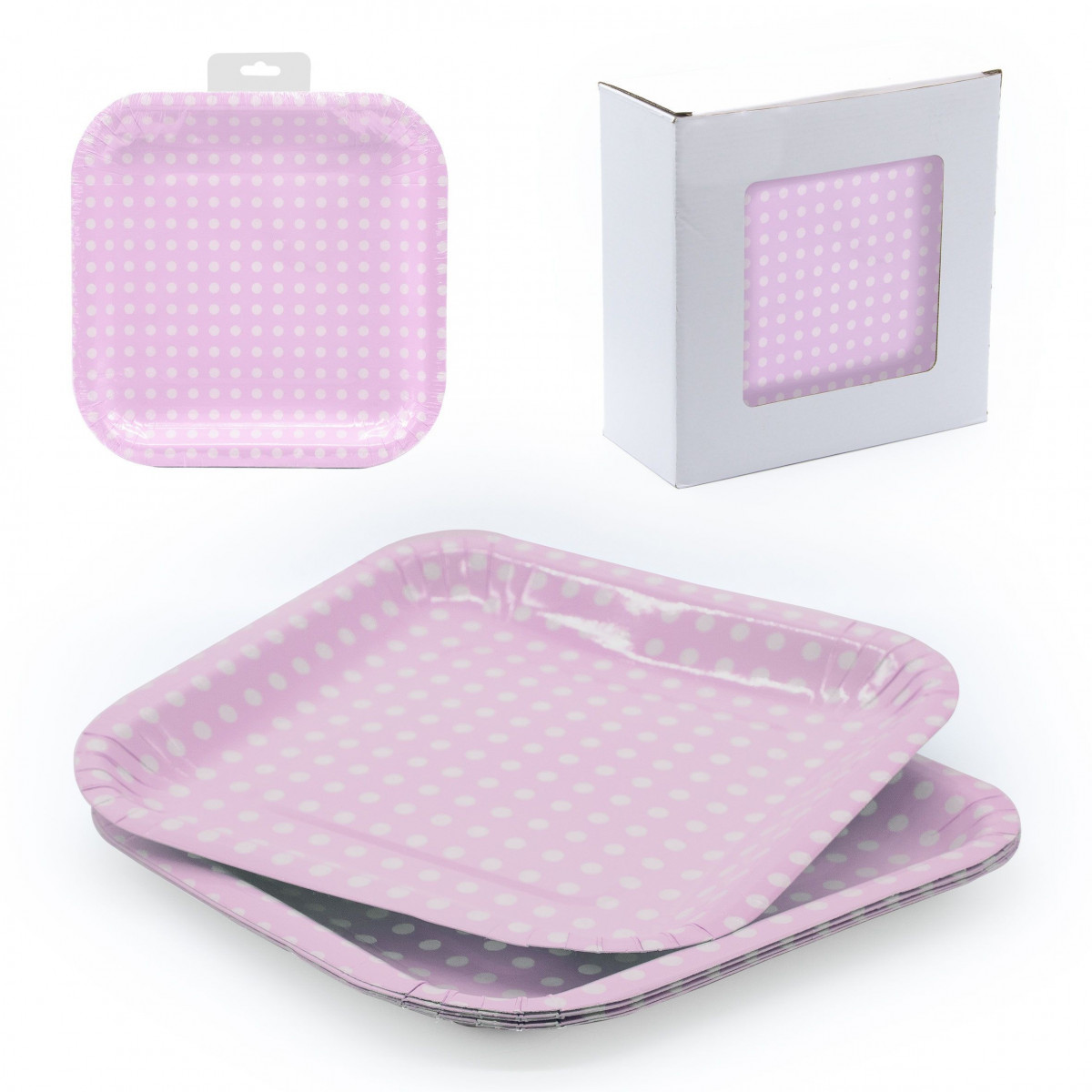 Prato 6 bolo quadrado 22 x22 bolinhas rosa