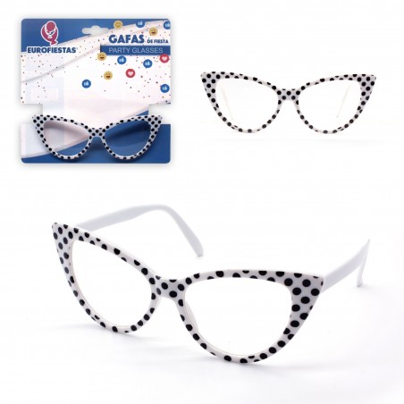 óculos de bolinhas brancas