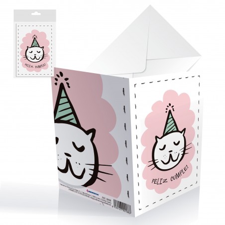 Cartão de feliz aniversário gato com chapéu