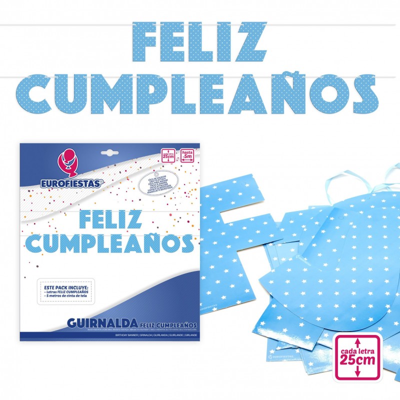 Garland feliz aniversário letras azuis 25cm