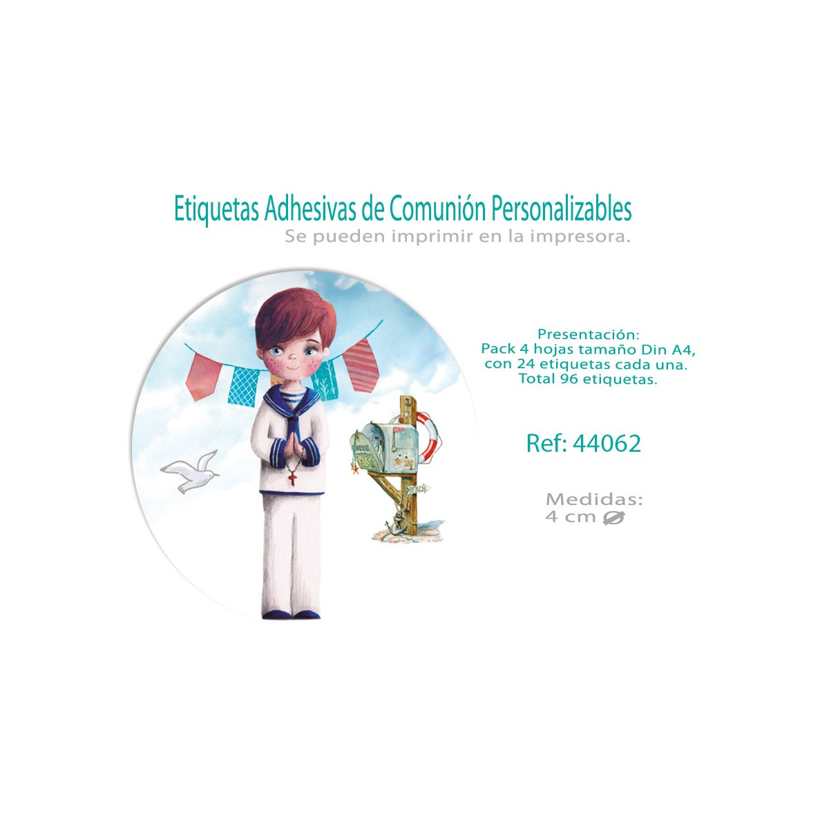 Paq.96 etiquetas adesivas redondas comunhão menino
