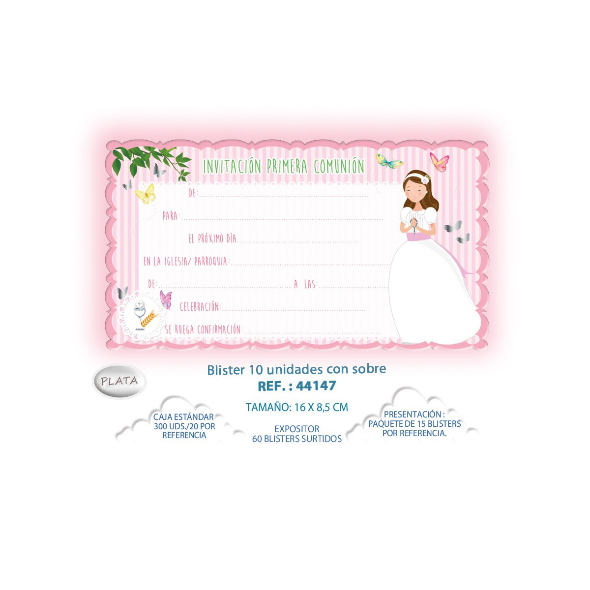 Blister 10 convite + envelope de comunhão menina borboletas