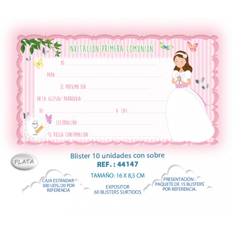 Blister 10 convite + envelope de comunhão menina borboletas