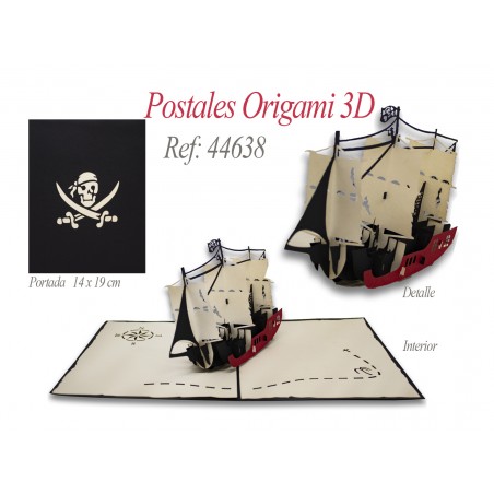Cartão postal de navio pirata de origami 3d