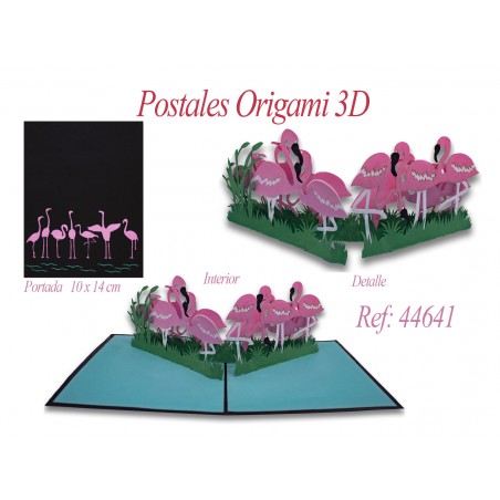 Postal 3d origami flamingos