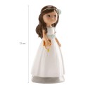 Figura de menina para bolo de comunhão com vestido branco e rosário