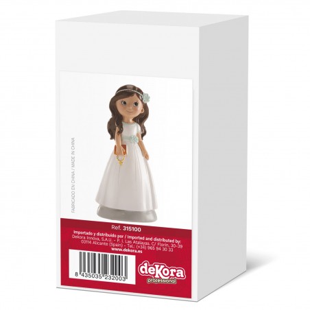 Figura de menina para bolo de comunhão com vestido branco e rosário