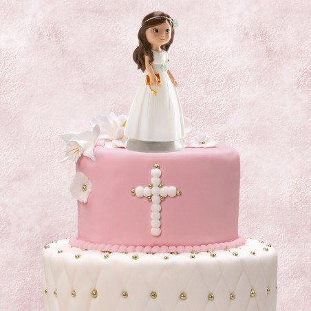 Figura de menina para bolo de comunhão com vestido branco e rosário