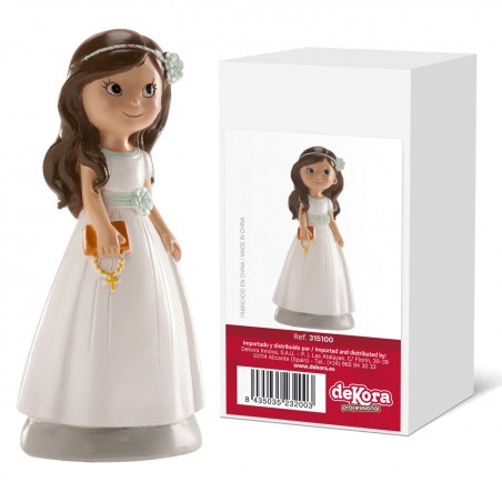 Figura de menina para bolo de comunhão com vestido branco e rosário