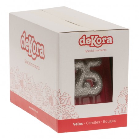 Vela número 25 com purpurina prateada Decoração brilhante para celebrações