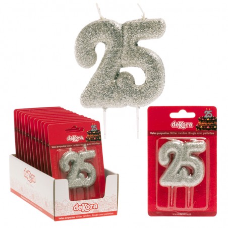 Vela número 25 com purpurina prateada Decoração brilhante para celebrações