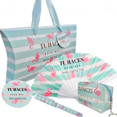 Espelho com leque, porta-moedas e caneta apresentados em caixa de flamingo personalizada