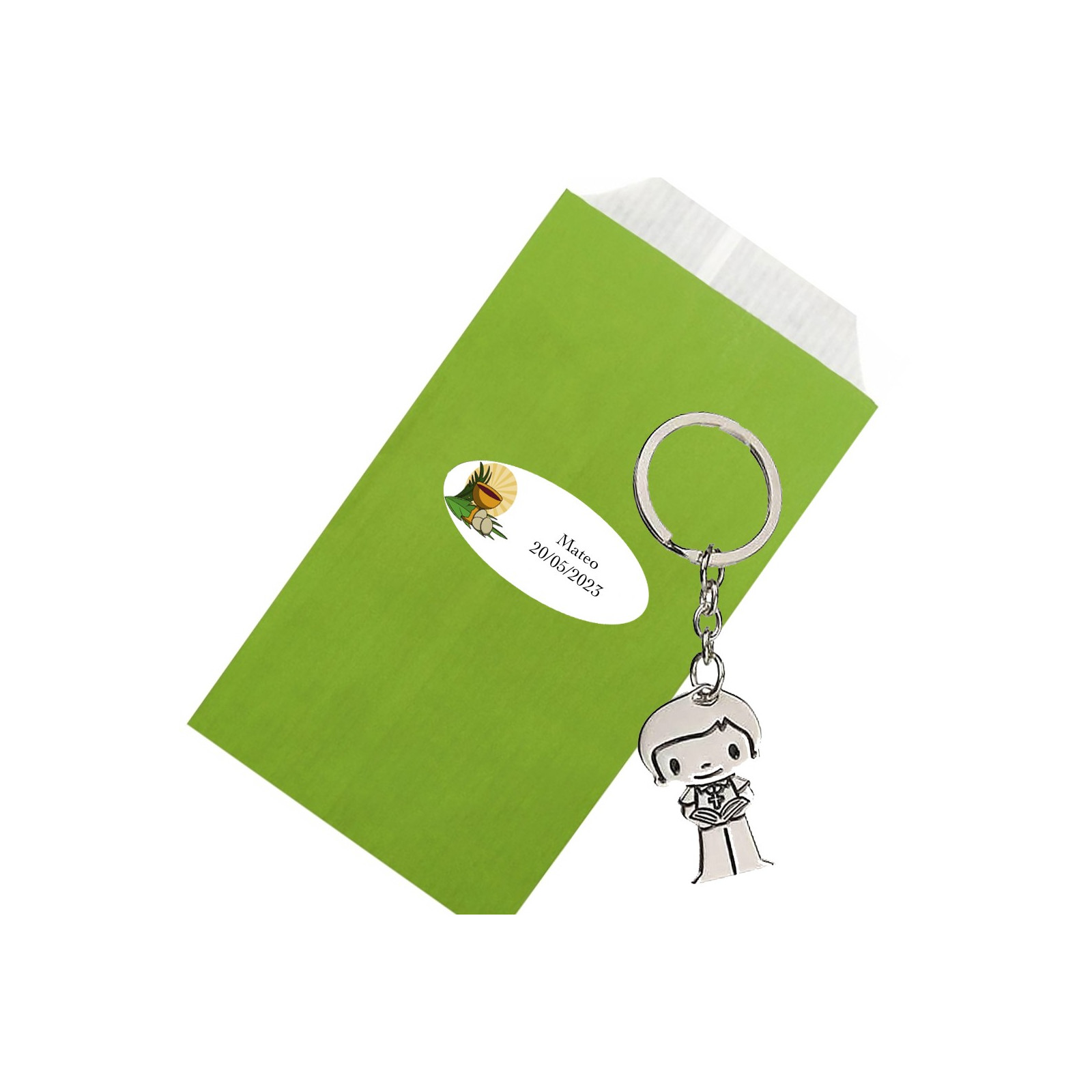 Chaveiro de menino da comunhão em envelope kraft verde personalizado
