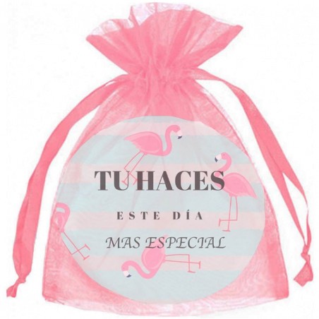 Espelho flamingo em saco de organza rosa chiclete para convidados