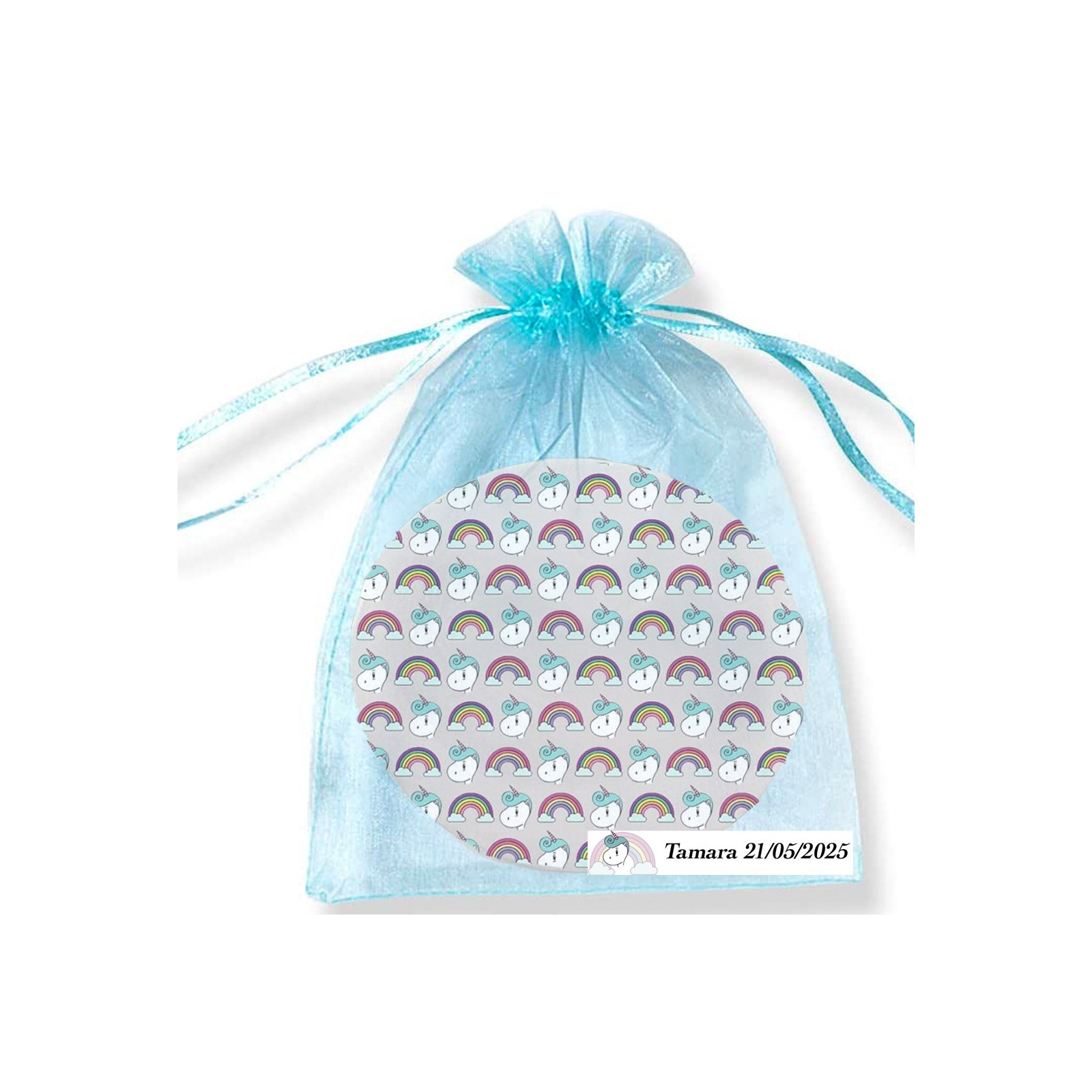 Espelho unicórnio em bolsa de organza personalizada para convidados