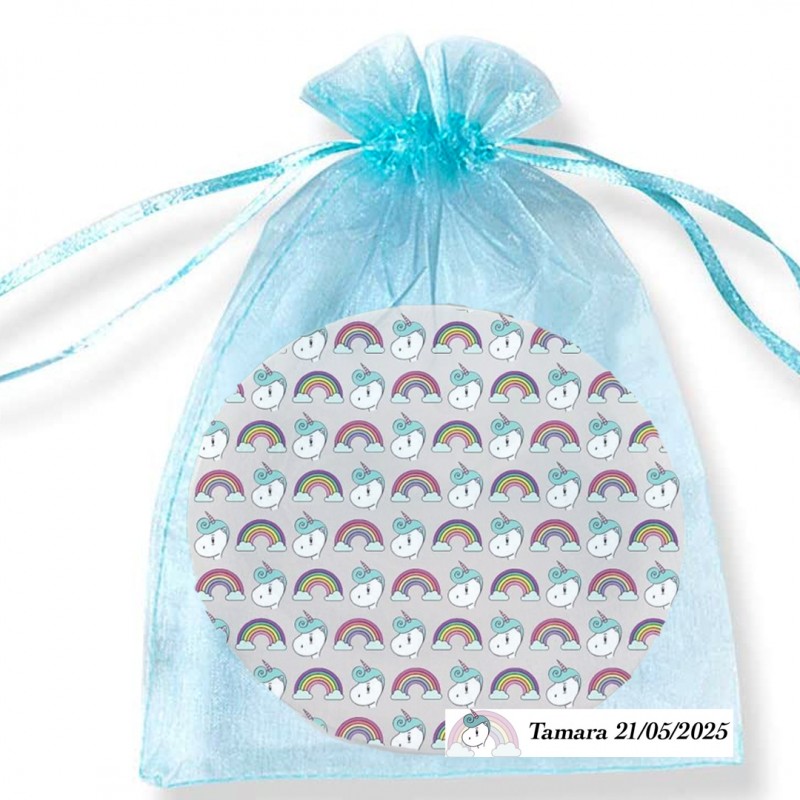 Espelho unicórnio em bolsa de organza personalizada para convidados