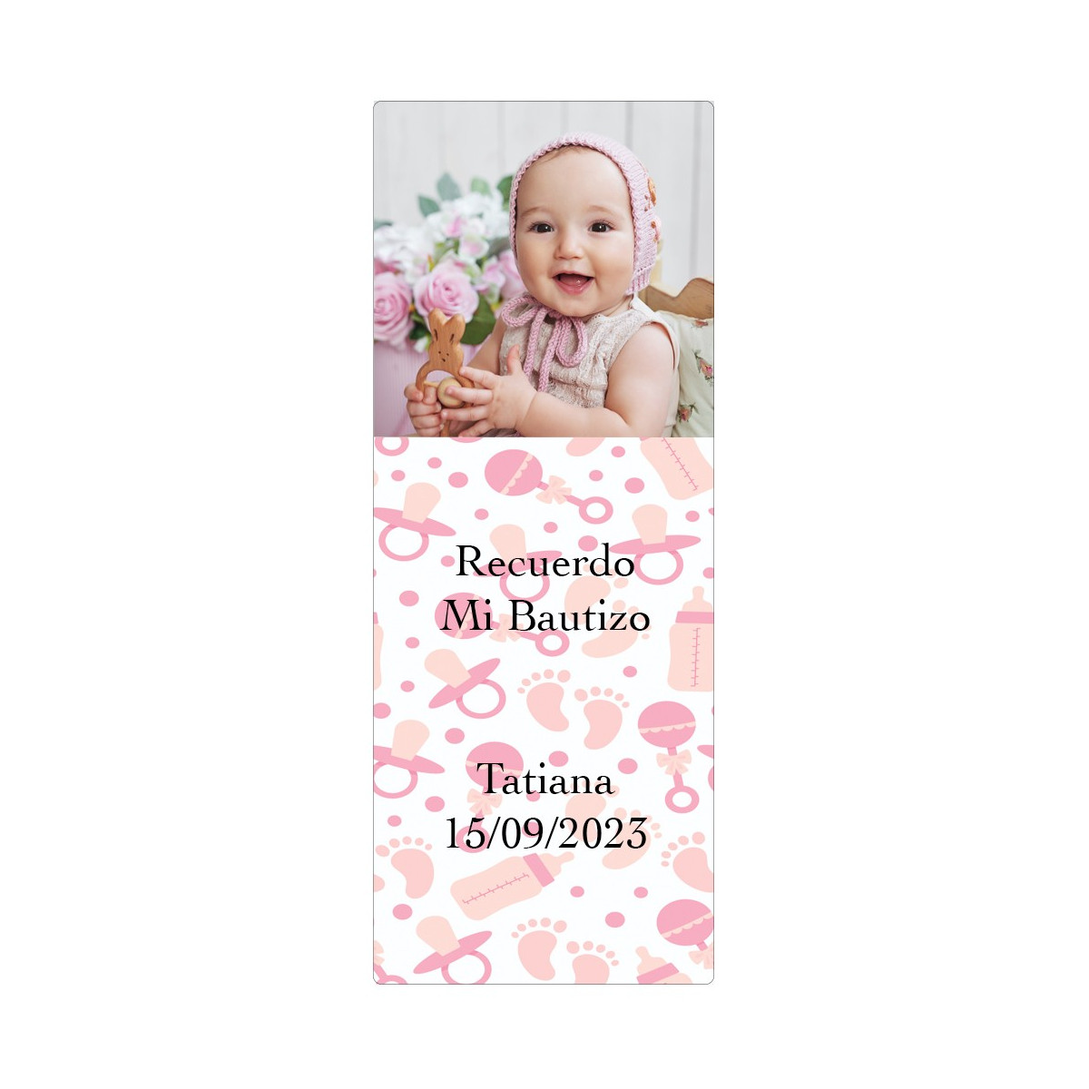 Adesivo de batismo rosa personalizado com foto