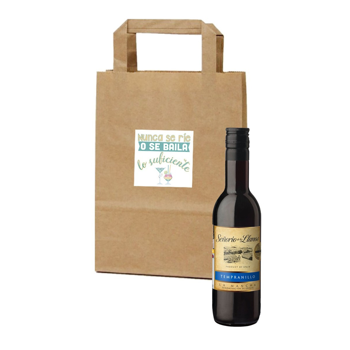 Botelha de vinho em bolsa de papel com adesivo de frase