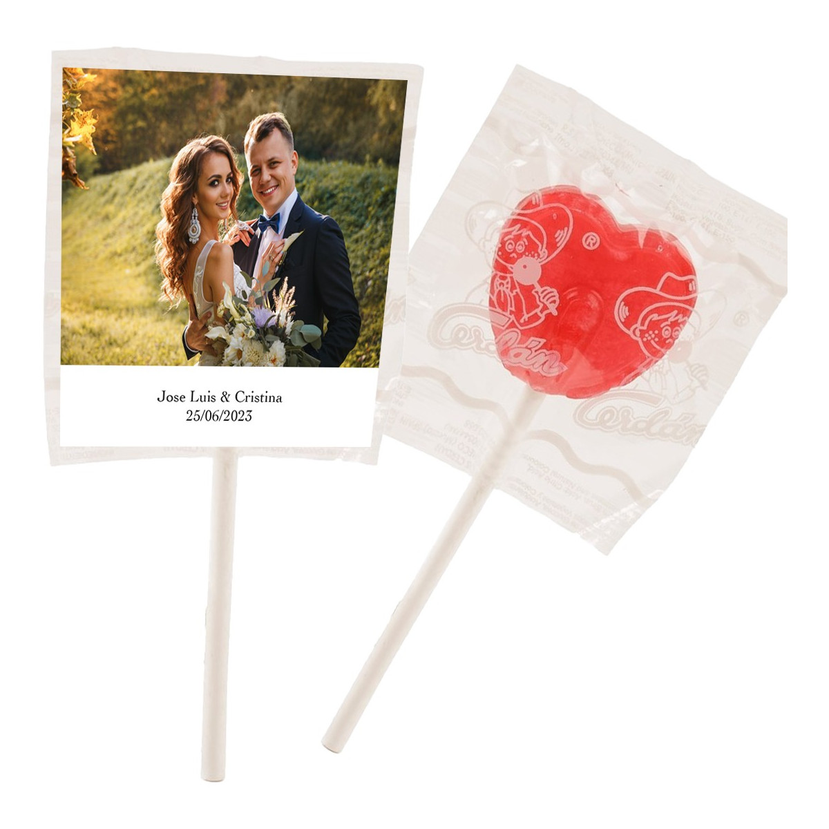 Pirulitos personalizados com fotos e texto para casamentos, batizados, comunhões, aniversários e empresas.