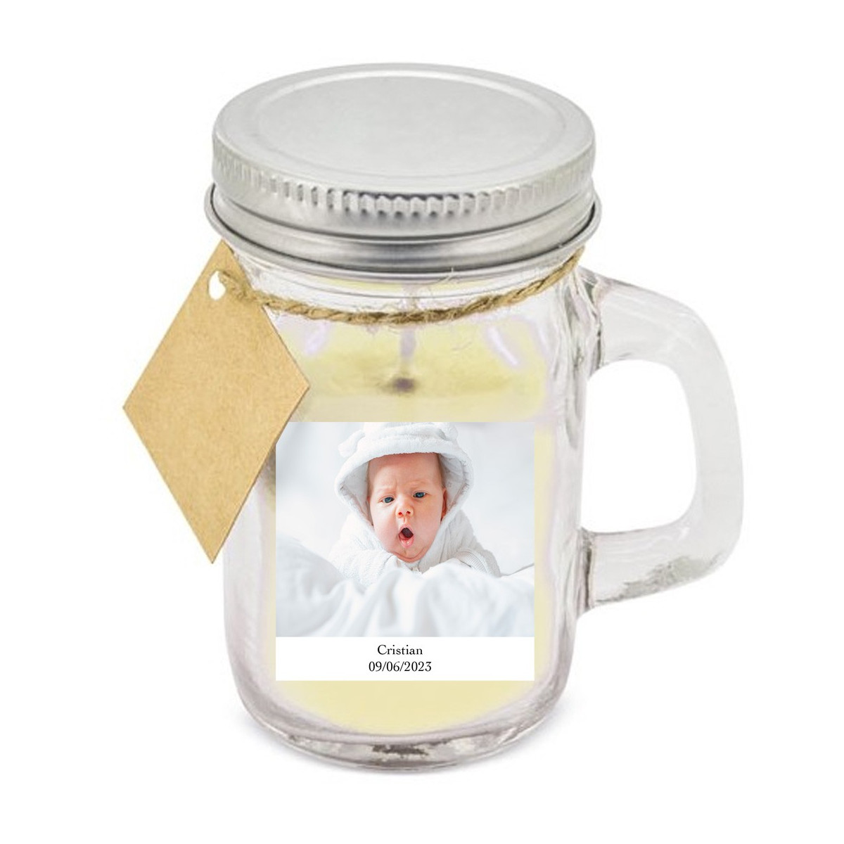 Vela perfumada personalizada com foto e texto para casamentos, batizados, comunhões e aniversários