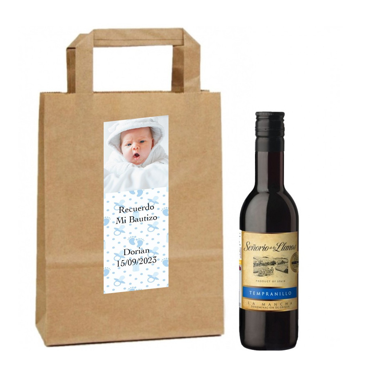 Vinho personalizado com foto e texto para batizado de menino