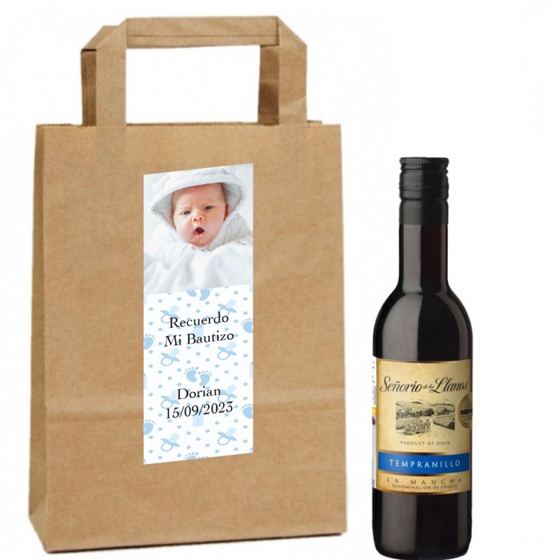 Vinho personalizado com foto e texto para batizado de menino