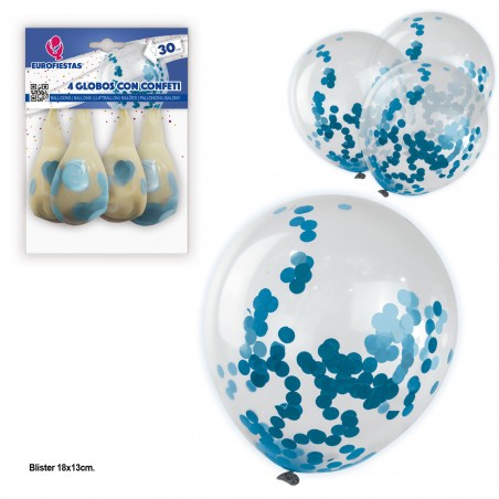 4 balões com confetes de papel azul