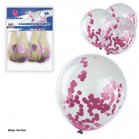 4 balões com confetes de papel rosa