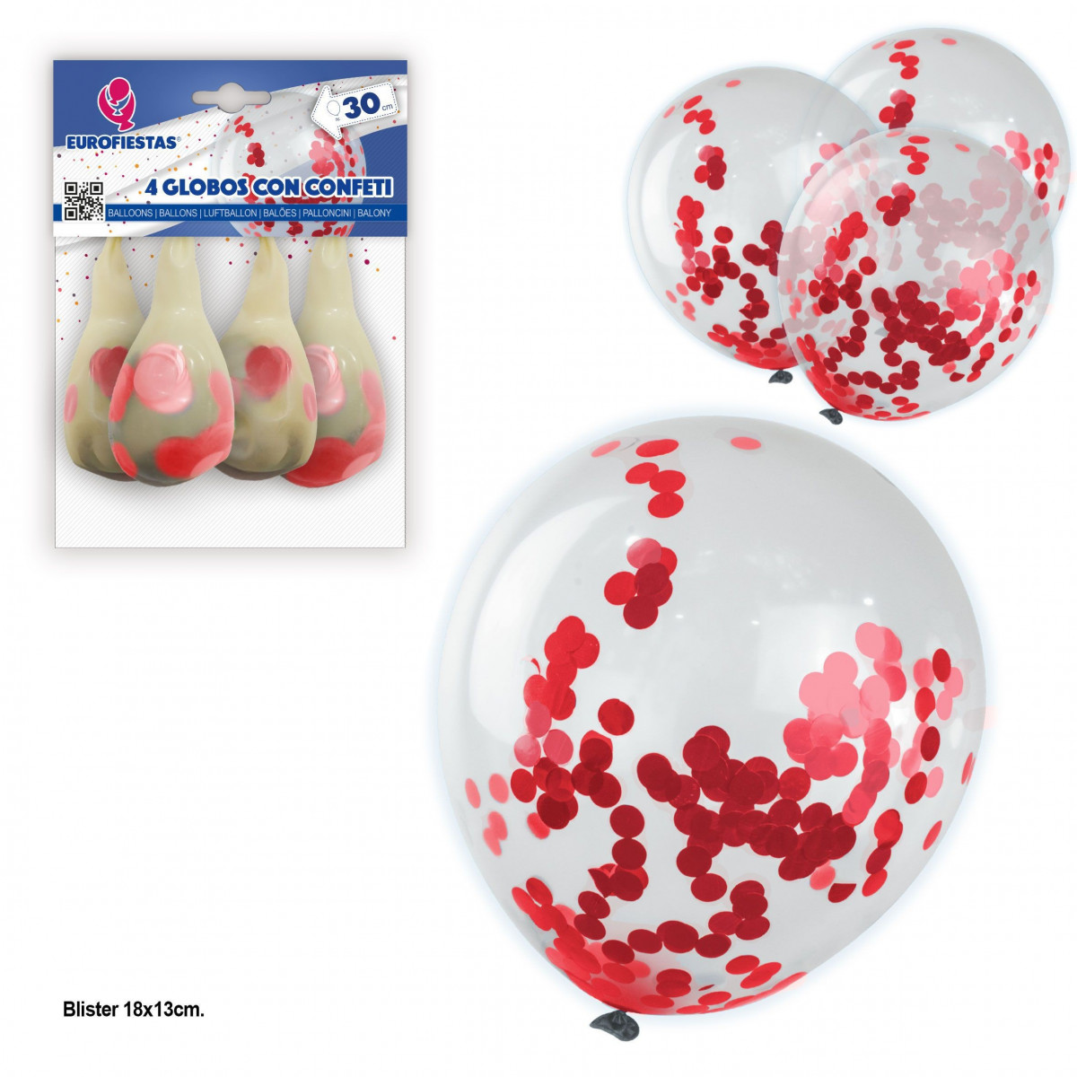 4 balões com confetes de papel vermelho