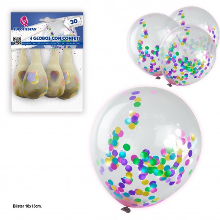 4 balões com confetes metálicos coloridos
