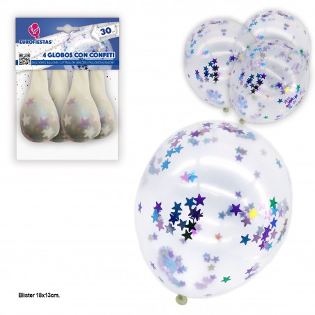 4 balões com confetes metálicos estrelas coloridas