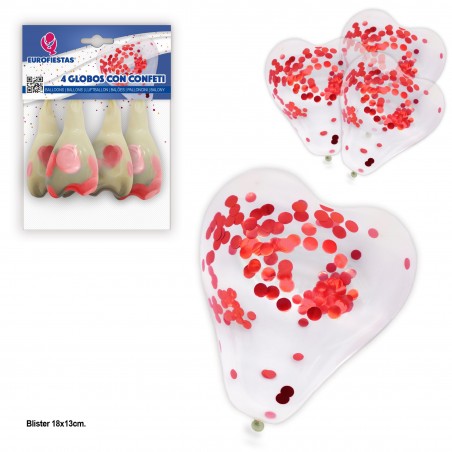 Balões de coração 4 com confete metálico vermelho