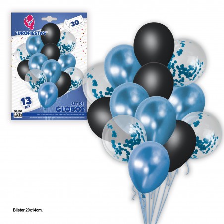 Conjunto de balões 13 cromo pastel + confete azul