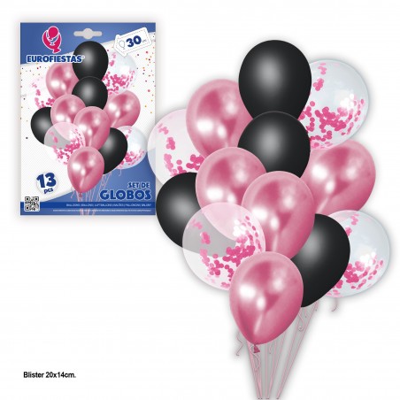 Conjunto de balões 13 pastel cromado + confete rosa