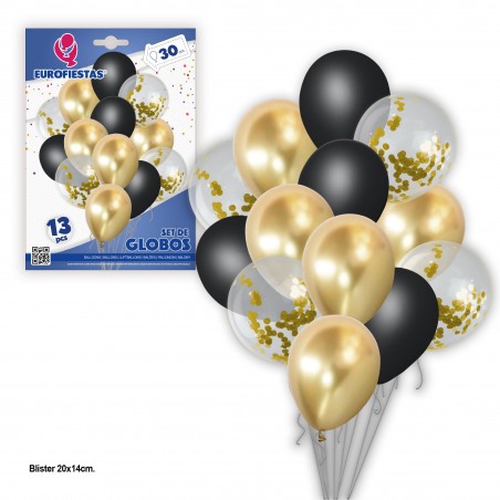 Conjunto de balões 13 confetes cromados pastel + dourados