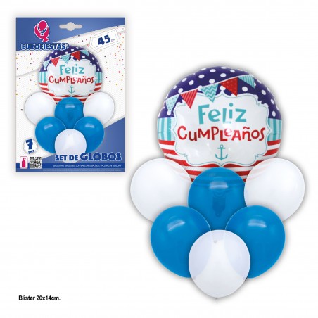 Conjunto de balões de feliz aniversário azuis e brancos