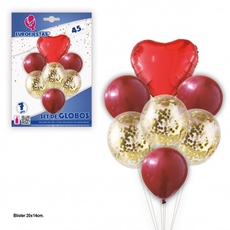 Conjunto de balões de coração e confetes de ouro