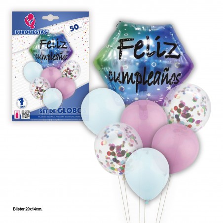 Balões de feliz aniversário com hexágono rosa e branco