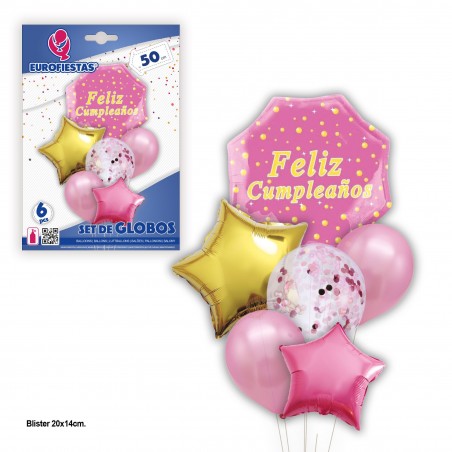 Conjunto de balões de feliz aniversário hexágono rosa