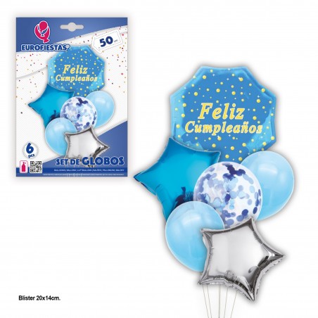 Feliz aniversário conjunto de balões hexágonos azuis