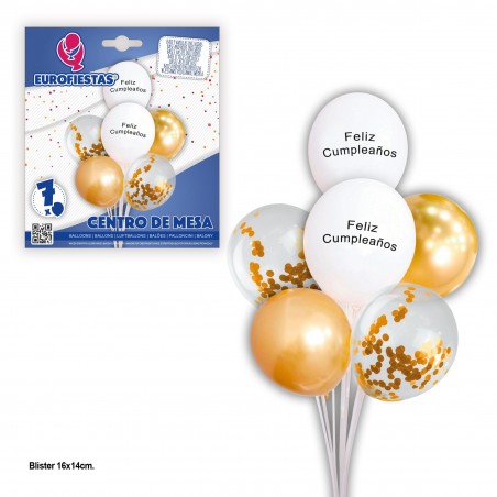 Balões de feliz aniversário com confete de ouro branco